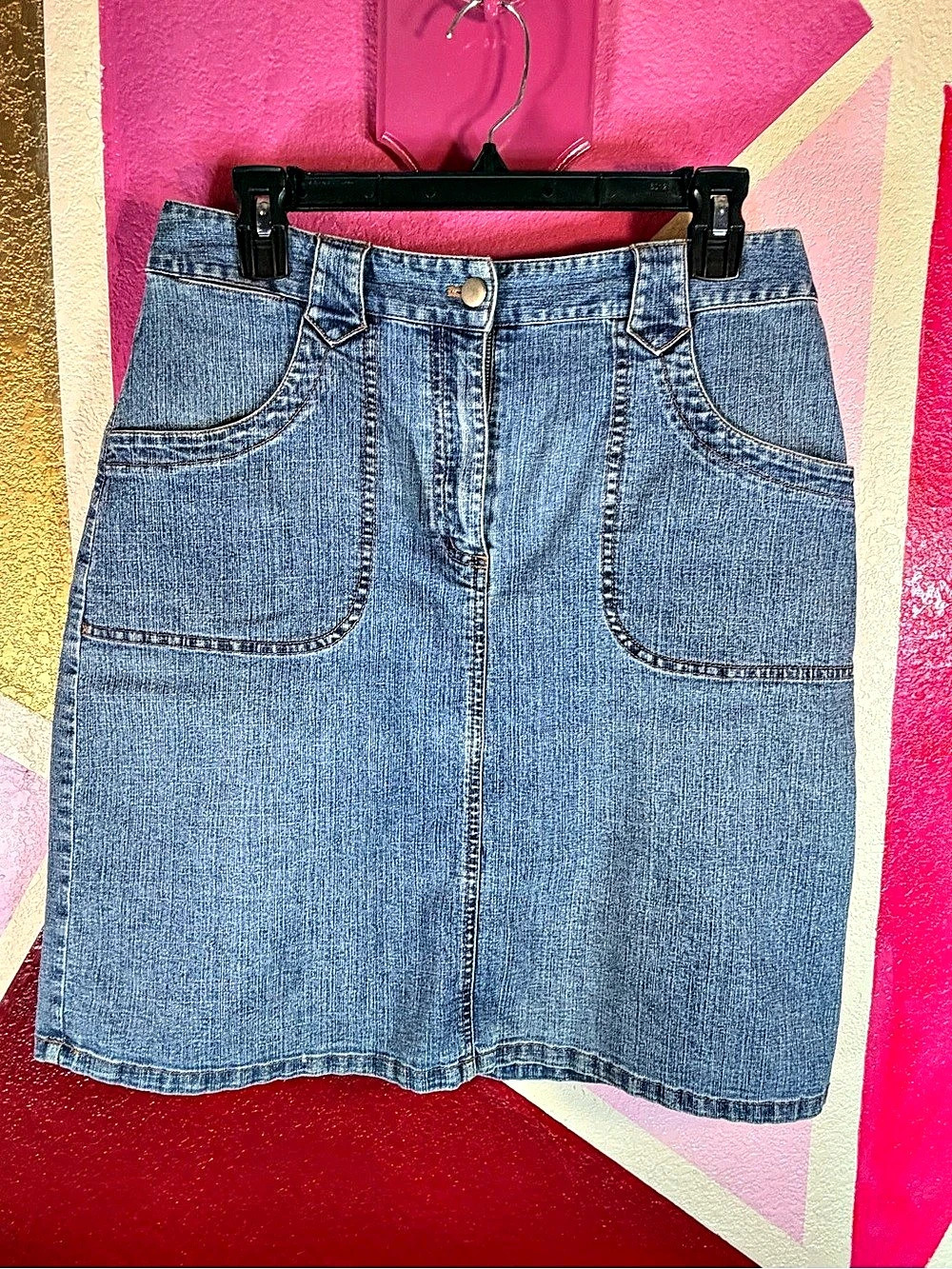 Chico's Medium Wash Denim Skirt Western Pocket Detail Stretch Size 1 (M)